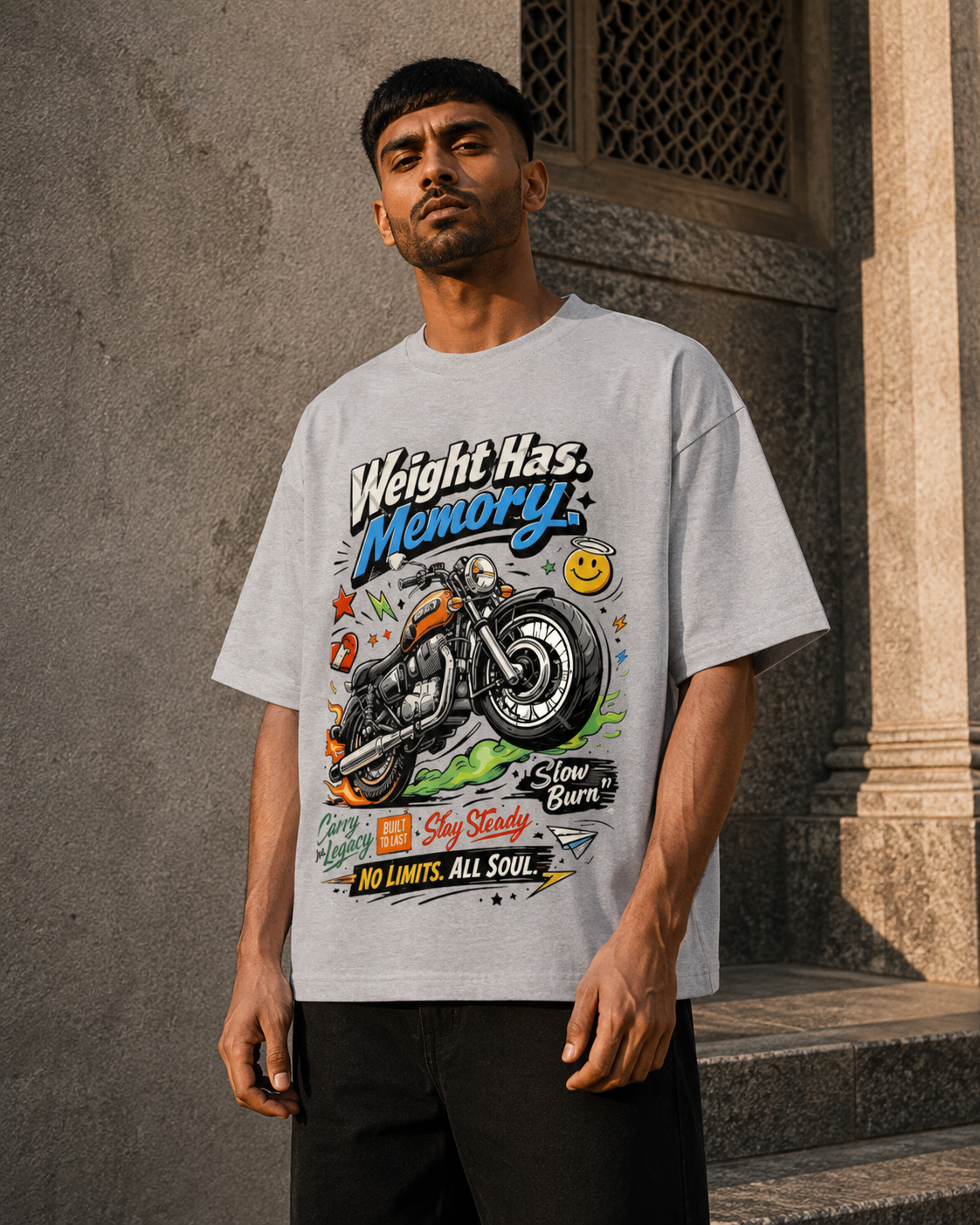 RAJIRU Weight Has Memory vintage motorcycle oversized graphic T-shirt