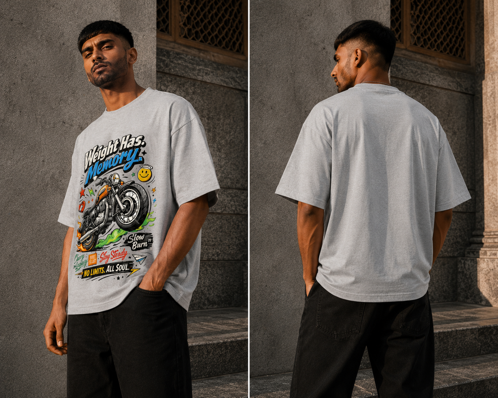 RAJIRU Weight Has Memory vintage motorcycle oversized T-shirt back view