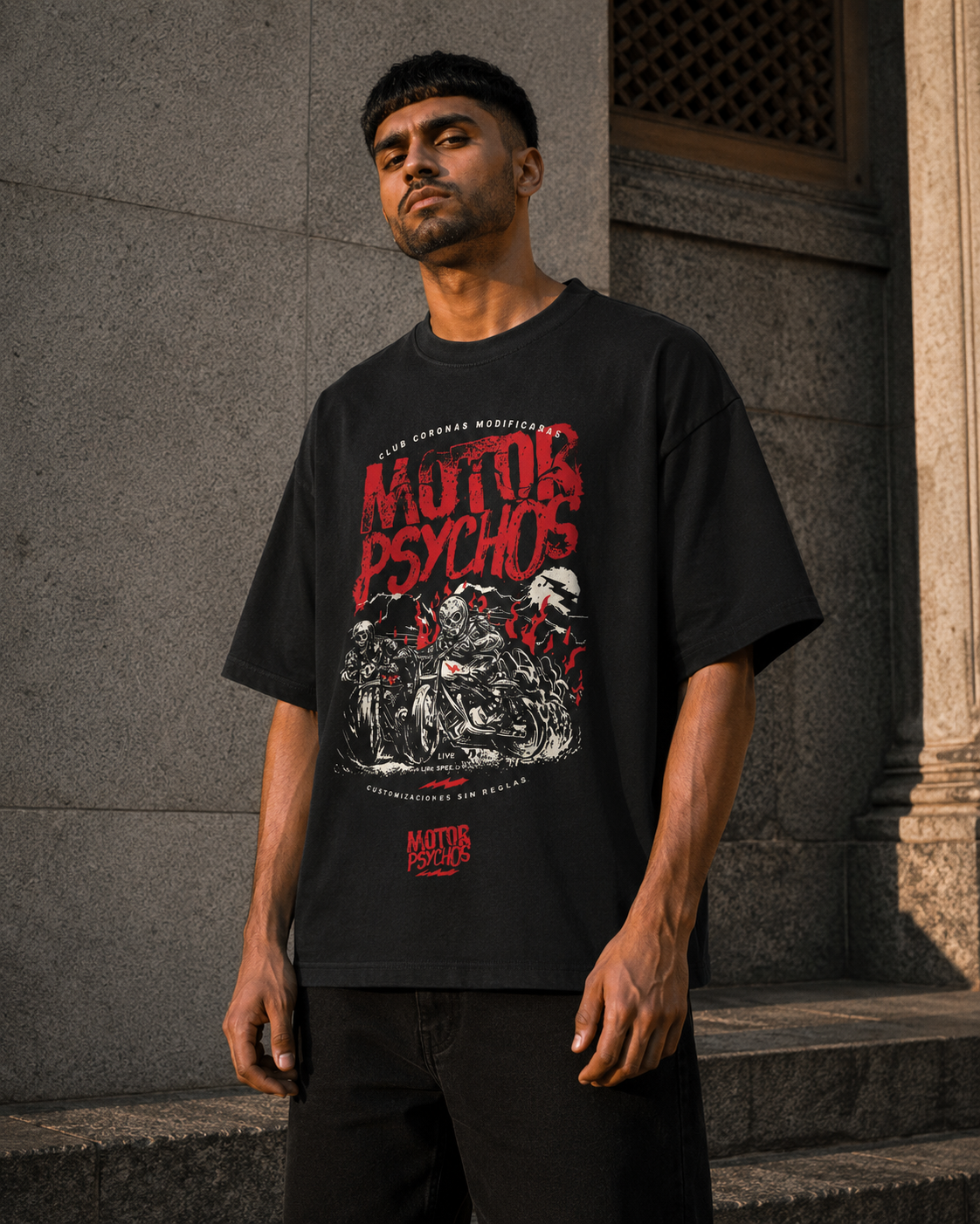 RAJIRU Motor Psychos vintage biker oversized graphic T-shirt product view