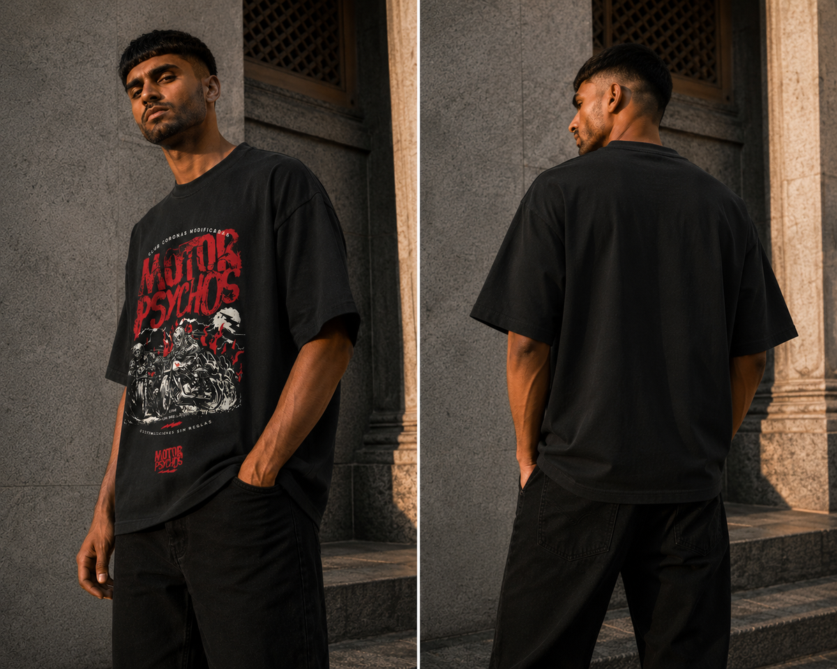 RAJIRU Motor Psychos vintage biker oversized graphic T-shirt detail view