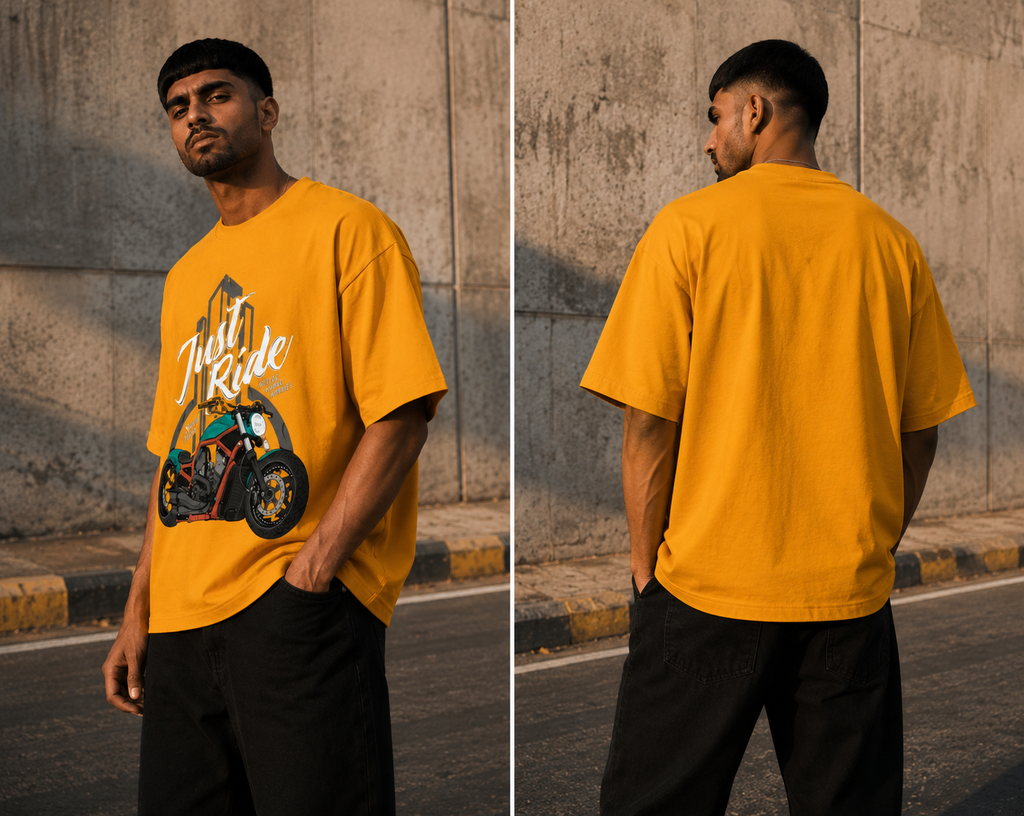 RAJIRU Just Ride Premium motorcycle oversized T-shirt detail image