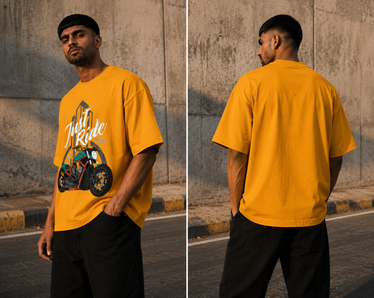 RAJIRU Just Ride Premium motorcycle oversized T-shirt detail image