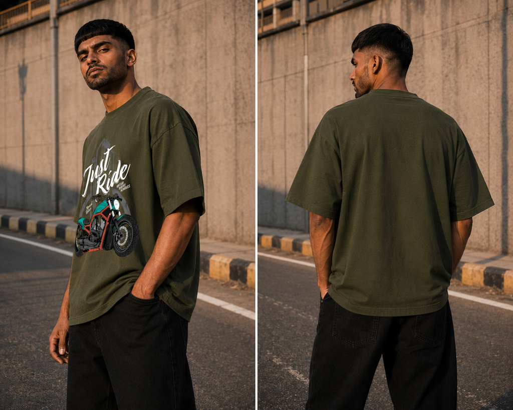 RAJIRU Just Ride Premium motorcycle oversized T-shirt detail image 2