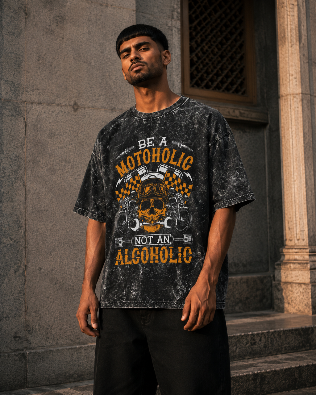 RAJIRU Moto Holic vintage biker acid wash oversized T-shirt product image