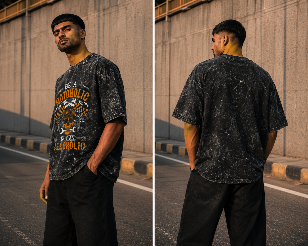 RAJIRU Moto Holic vintage biker acid wash oversized T-shirt detail image