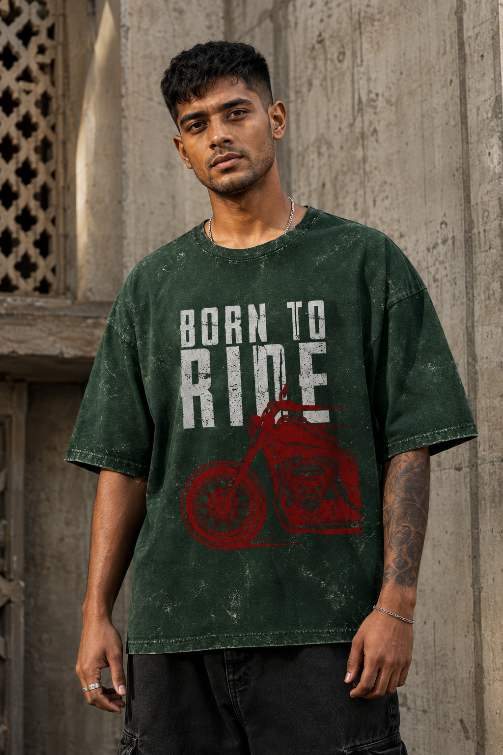 RAJIRU Born to Ride vintage motorcycle acid wash oversized graphic T-shirt