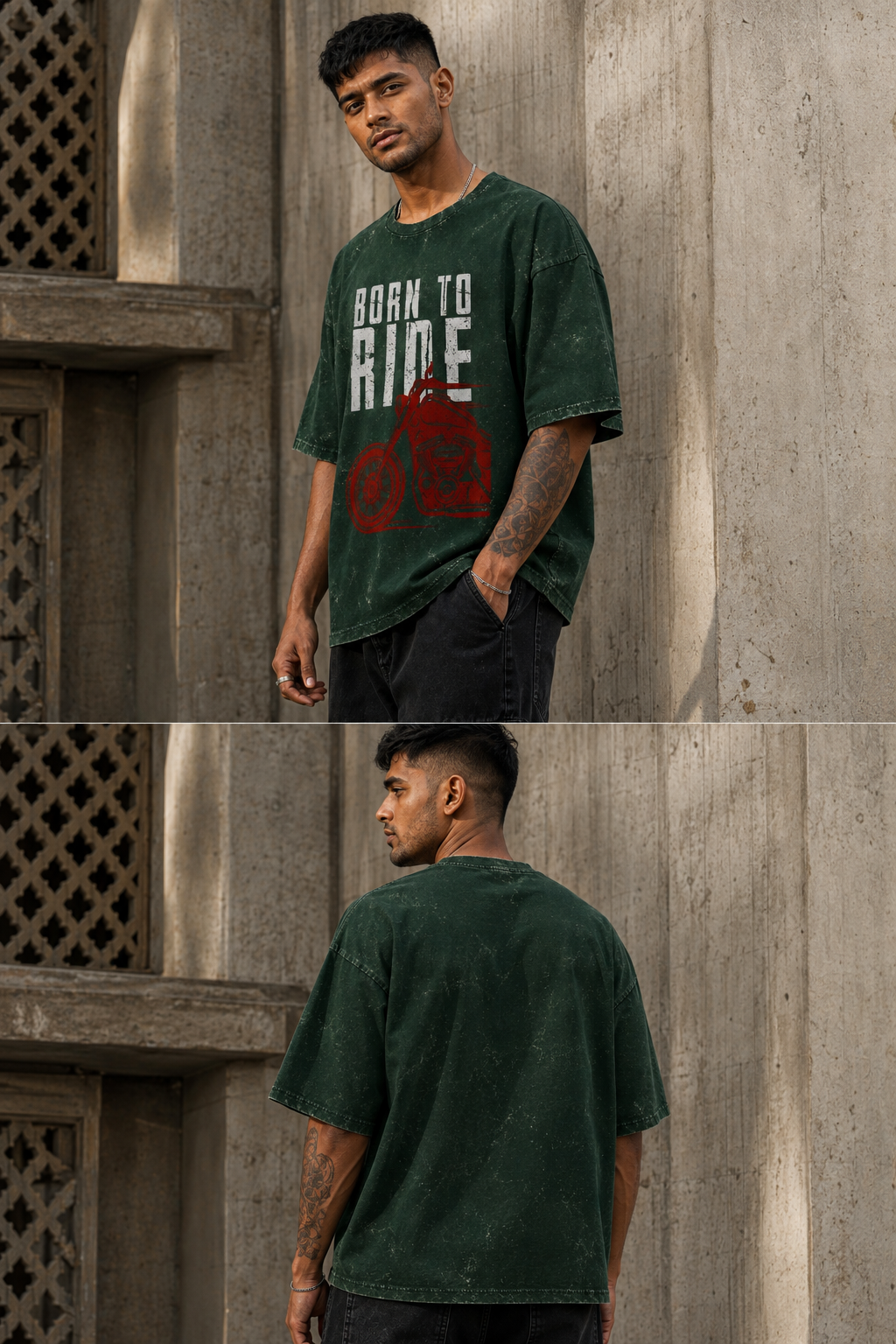 RAJIRU Born to Ride vintage motorcycle acid wash oversized T-shirt back view