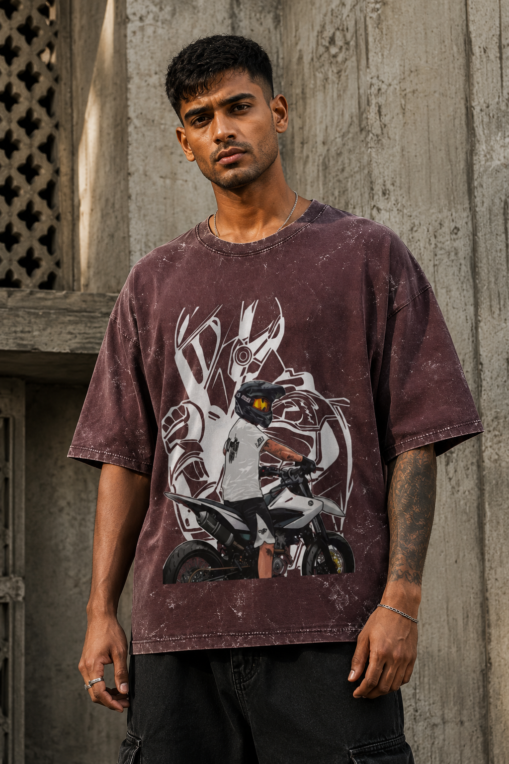 RAJIRU Rider's Legacy motorcycle acid wash oversized graphic T-shirt