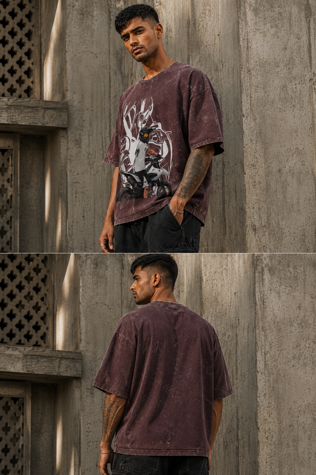 RAJIRU Rider's Legacy motorcycle acid wash oversized T-shirt back view
