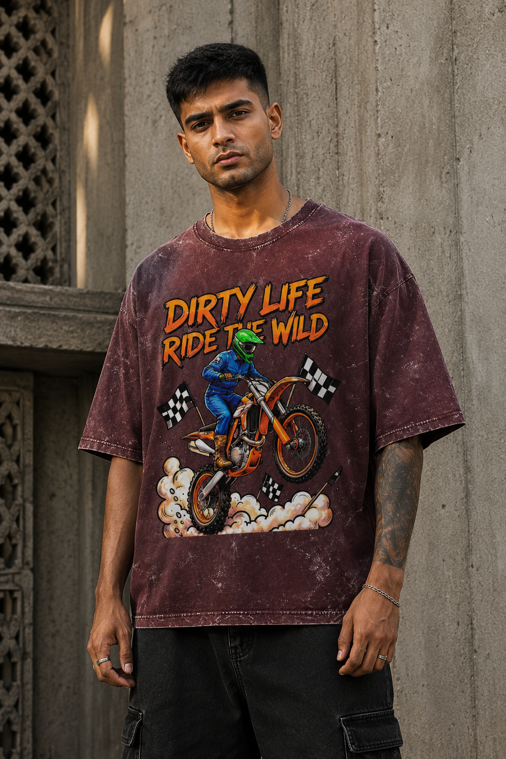RAJIRU Dirty Life Ride the Wild motocross oversized graphic T-shirt product image