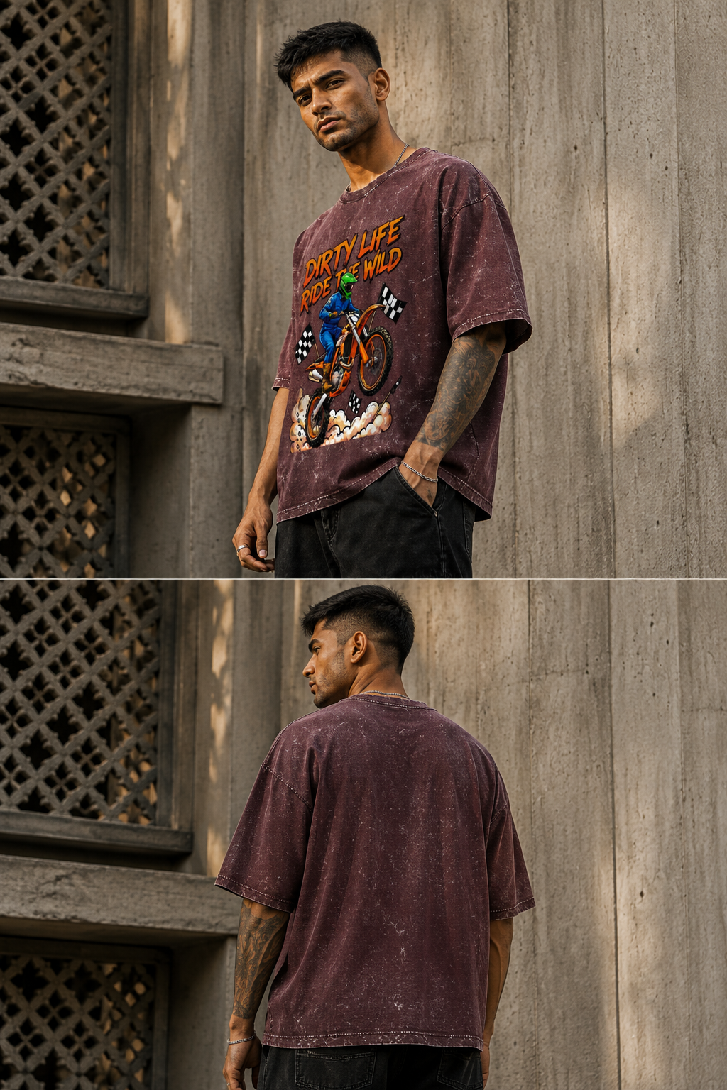 RAJIRU Dirty Life Ride the Wild motocross oversized graphic T-shirt detail image