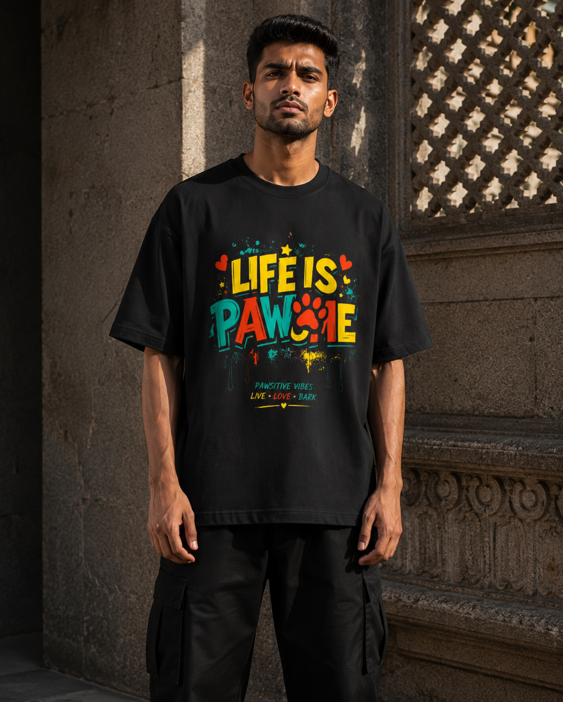RAJIRU Life Is Pawsome red oversized graphic T-shirt detail view