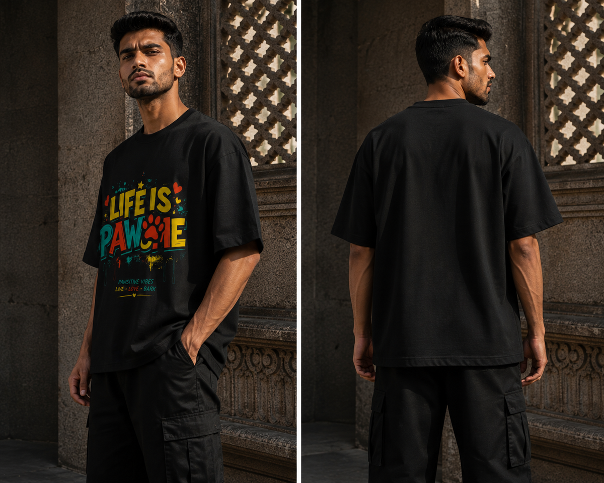 RAJIRU Life Is Pawsome red oversized graphic T-shirt back view