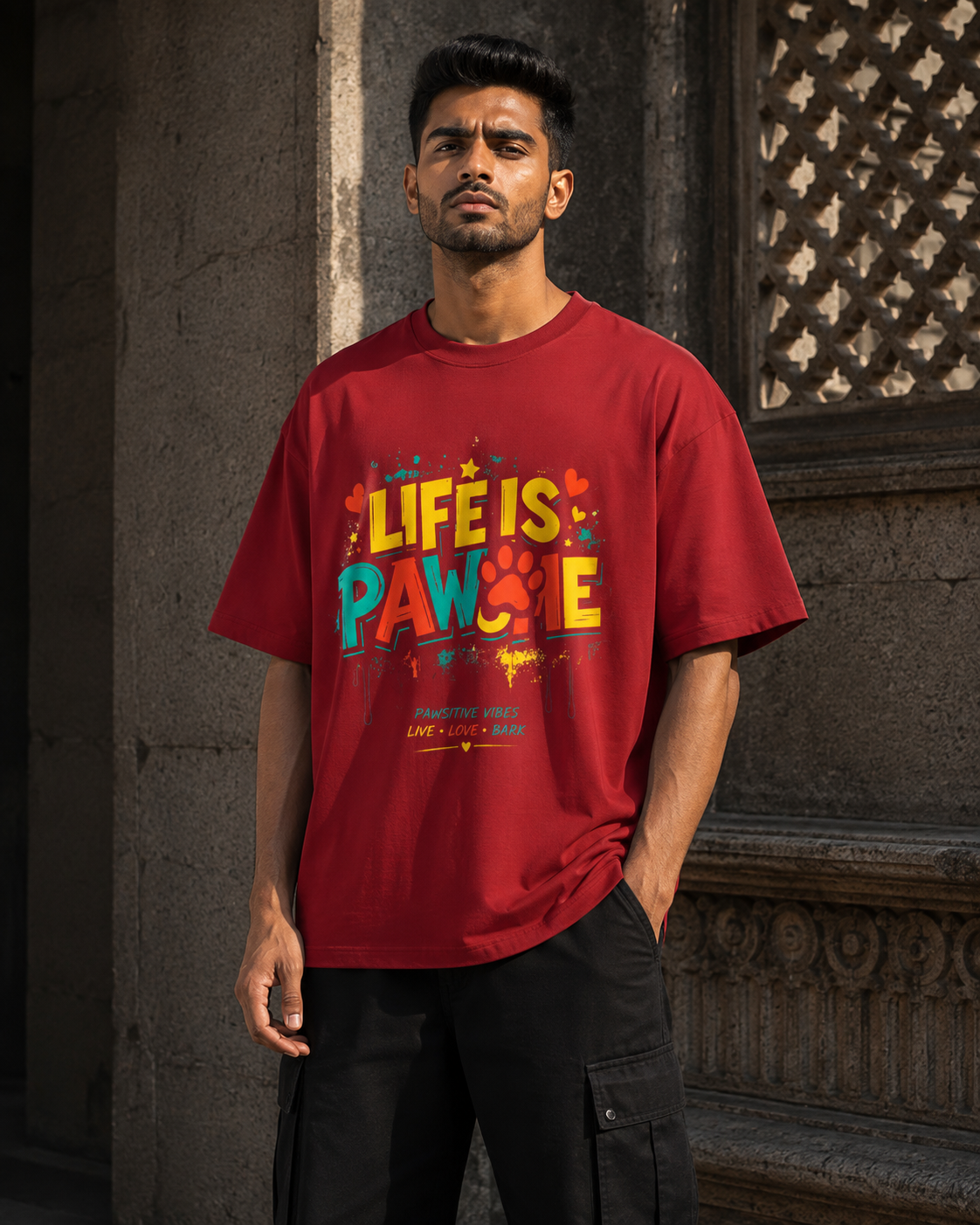 RAJIRU Life Is Pawsome red oversized graphic T-shirt front view