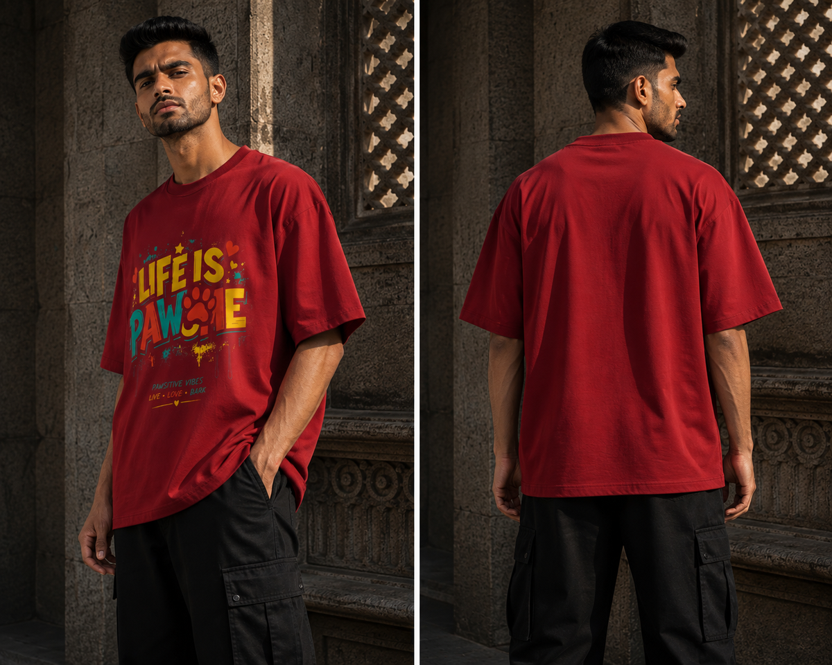 RAJIRU Life Is Pawsome red oversized graphic T-shirt alternate view