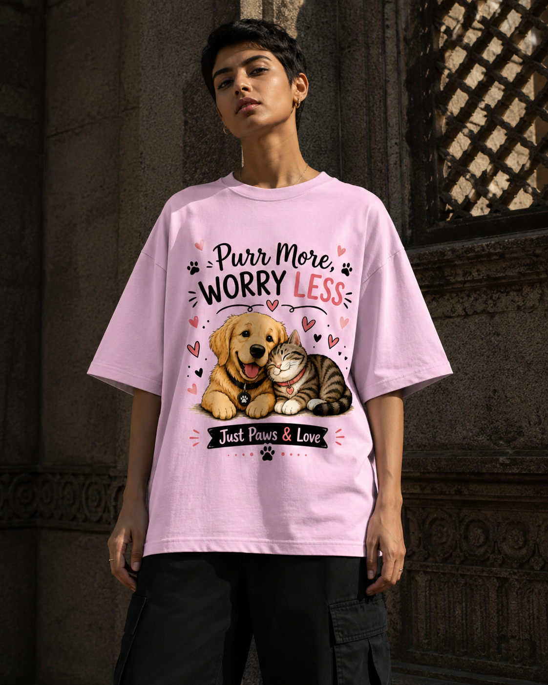 RAJIRU Purr More Worry Less dog and cat oversized T-shirt detail view