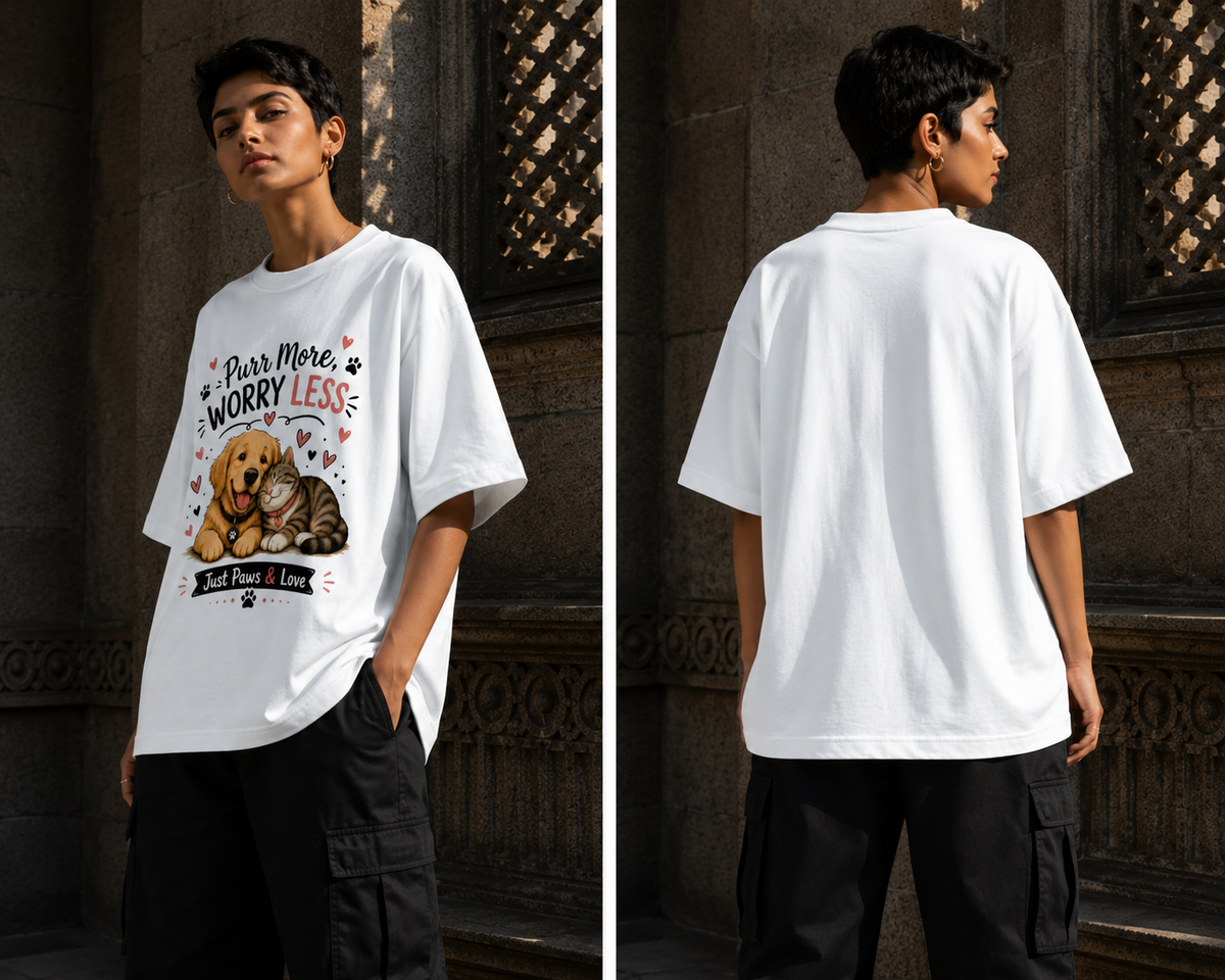 RAJIRU Purr More Worry Less dog and cat oversized T-shirt back view