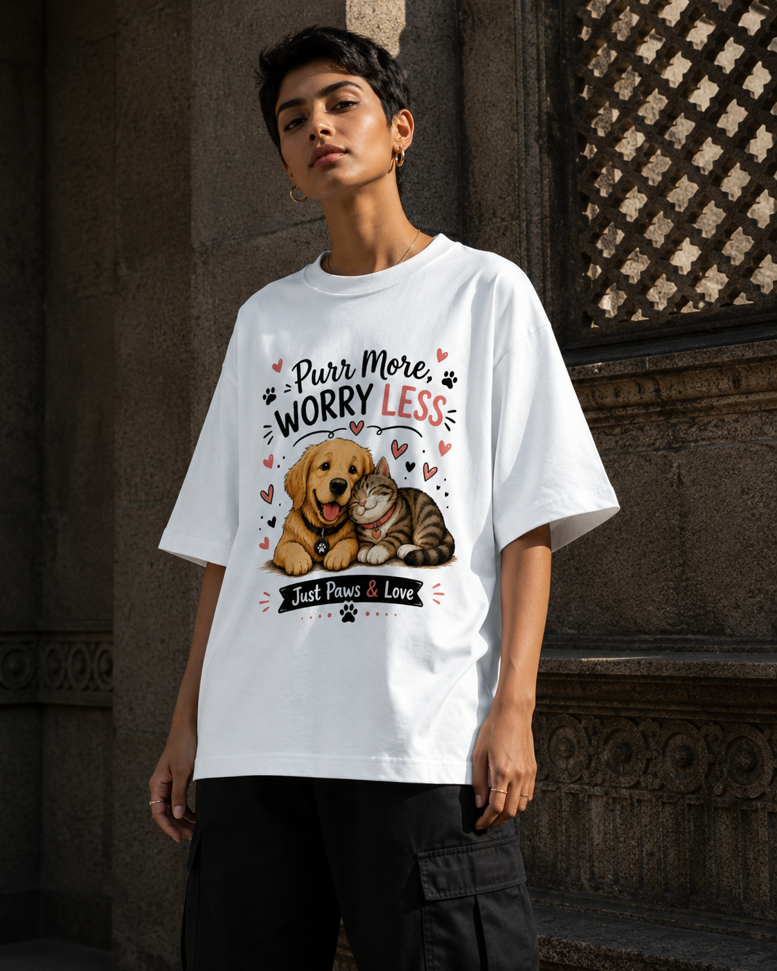RAJIRU Purr More Worry Less dog and cat oversized T-shirt front view