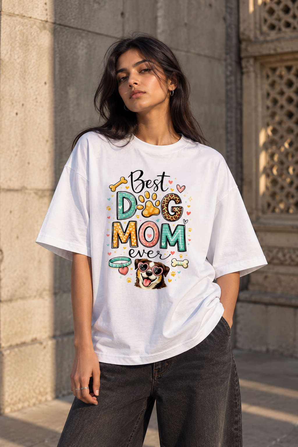 RAJIRU Best Dog Mom Ever white oversized T-shirt front view