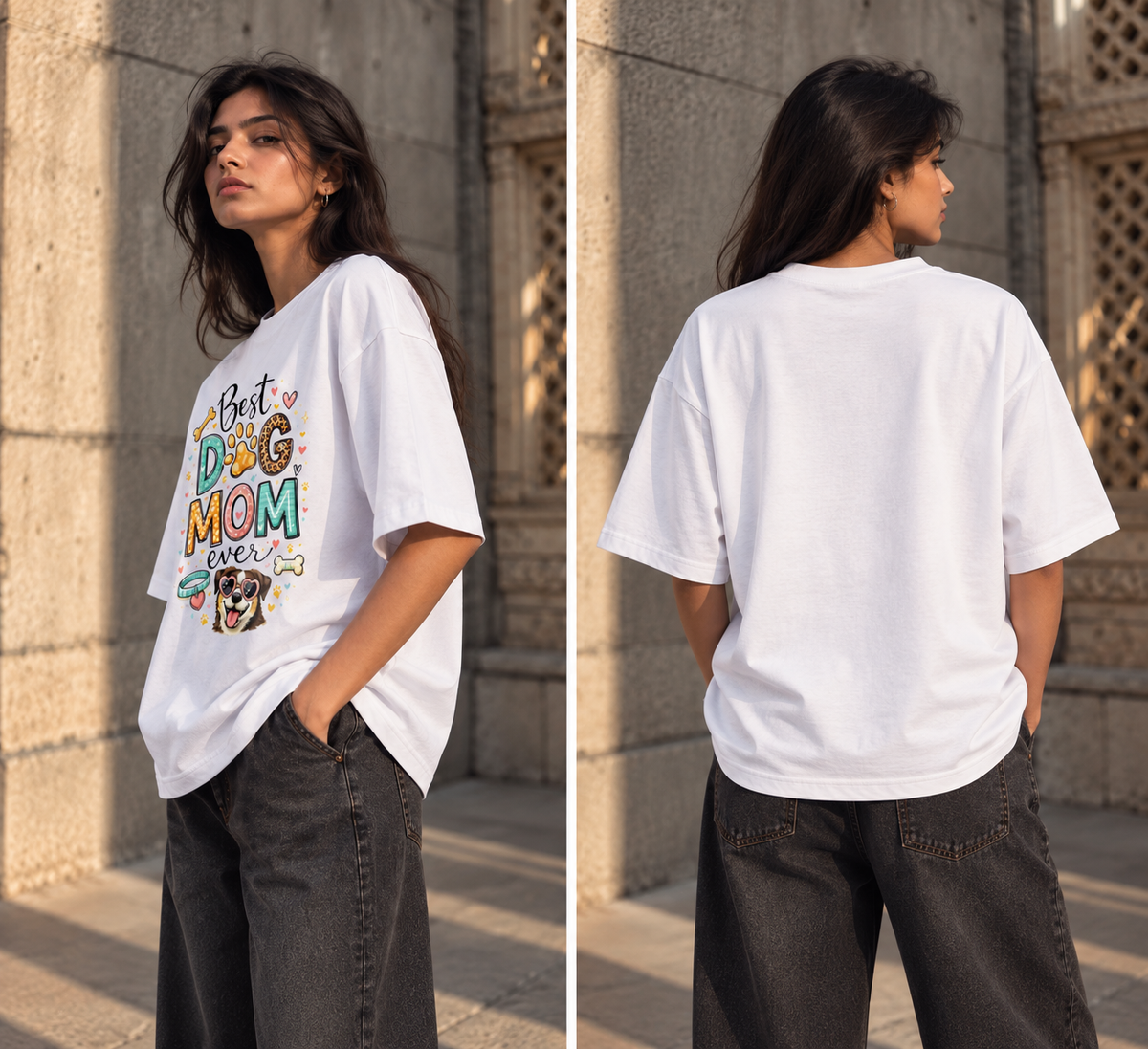 RAJIRU Best Dog Mom Ever white oversized T-shirt detail view
