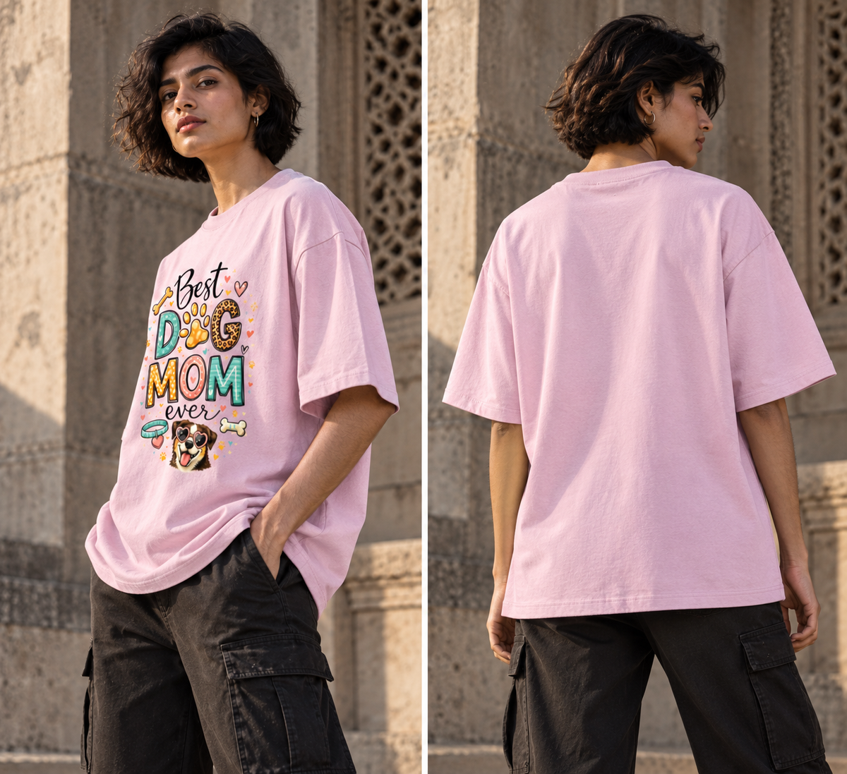 RAJIRU Best Dog Mom Ever white oversized T-shirt back view
