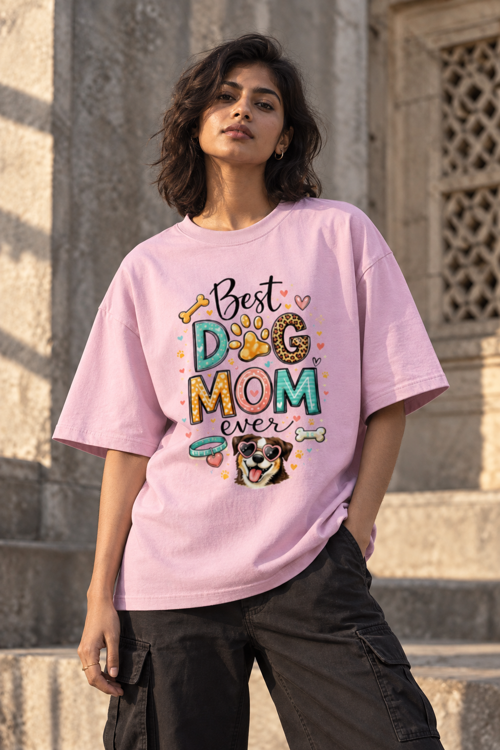 RAJIRU Best Dog Mom Ever white oversized graphic T-shirt