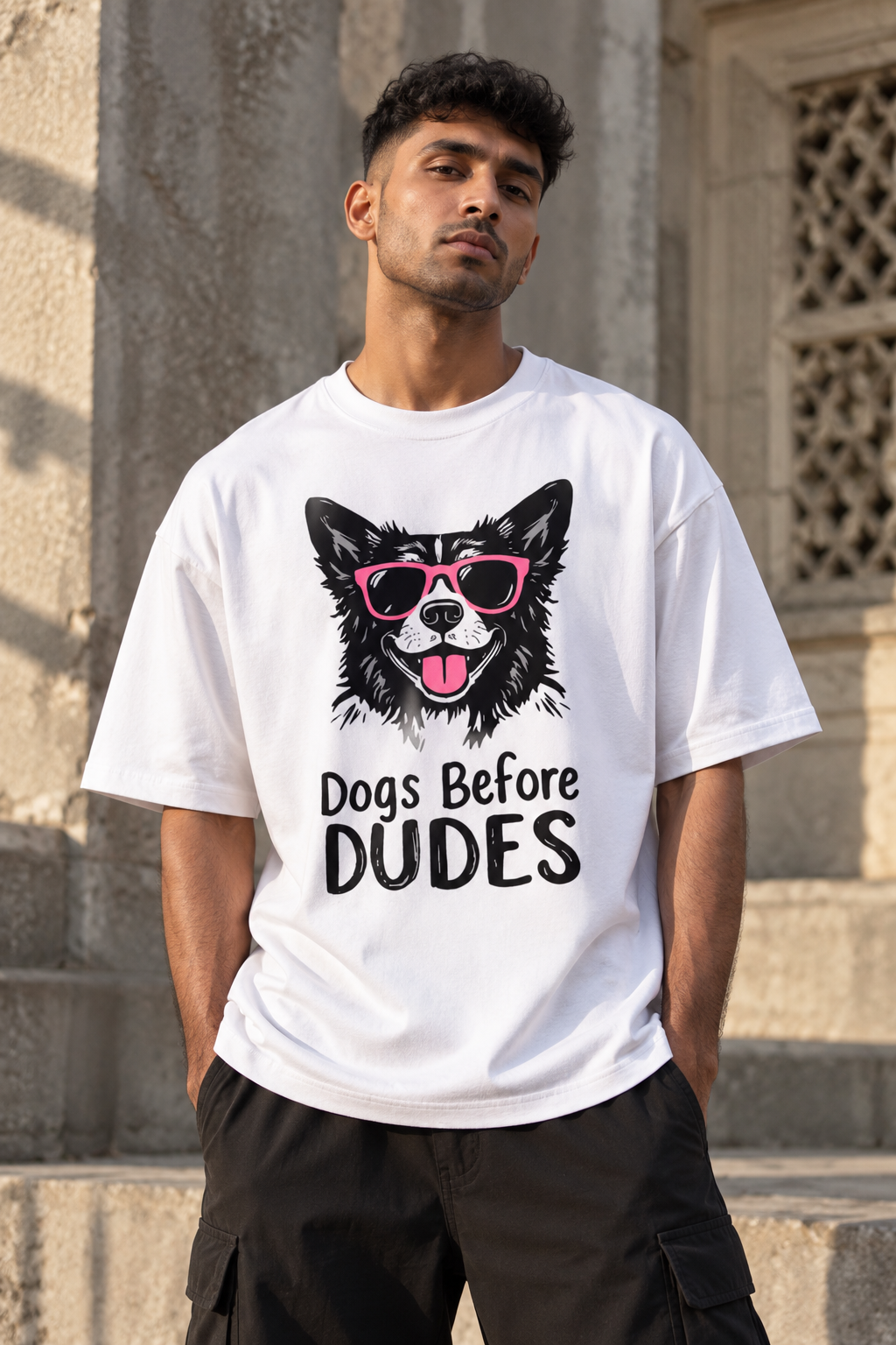 RAJIRU Dogs Before Dudes white oversized graphic T-shirt