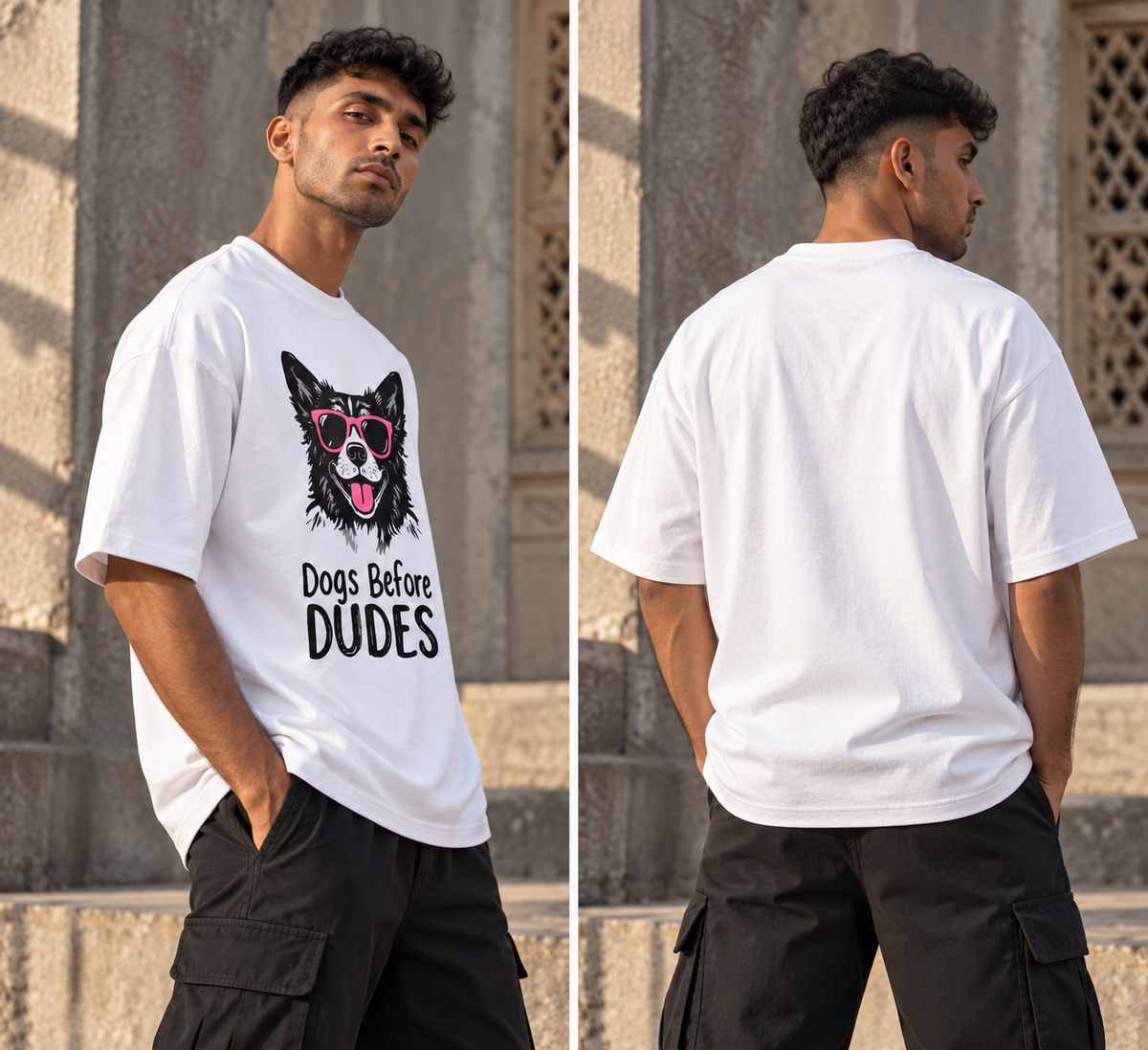RAJIRU Dogs Before Dudes white oversized T-shirt back view