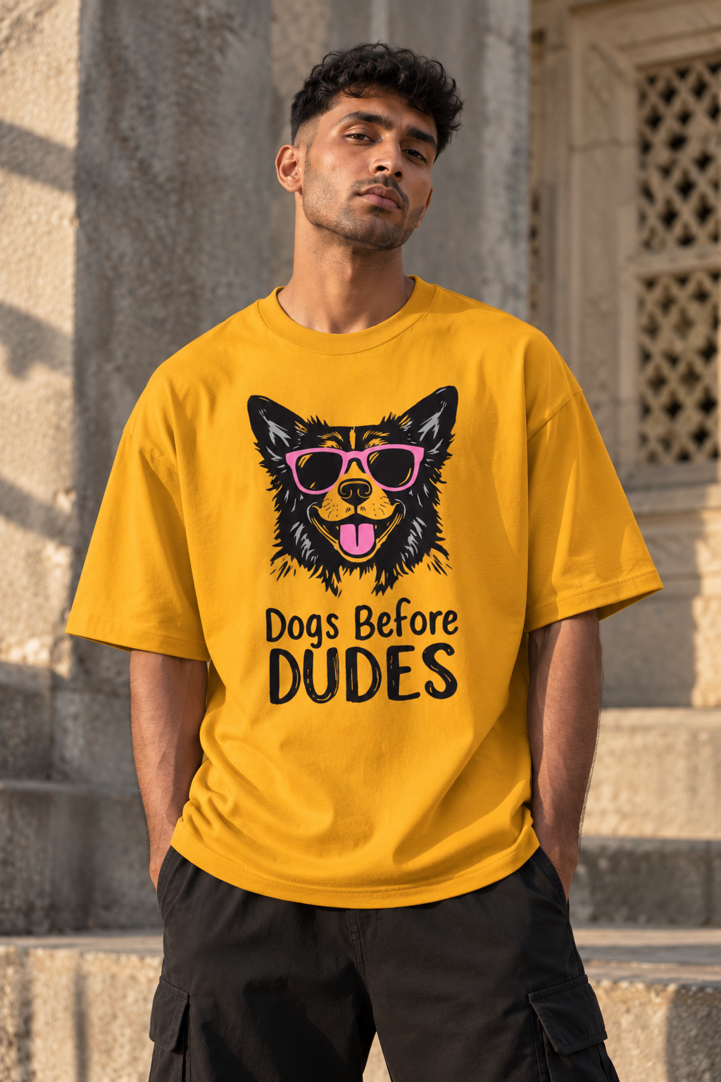 RAJIRU Dogs Before Dudes white oversized T-shirt front view