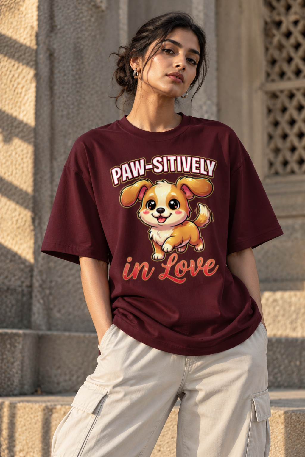 RAJIRU Paw-Sitively in Love maroon oversized graphic T-shirt