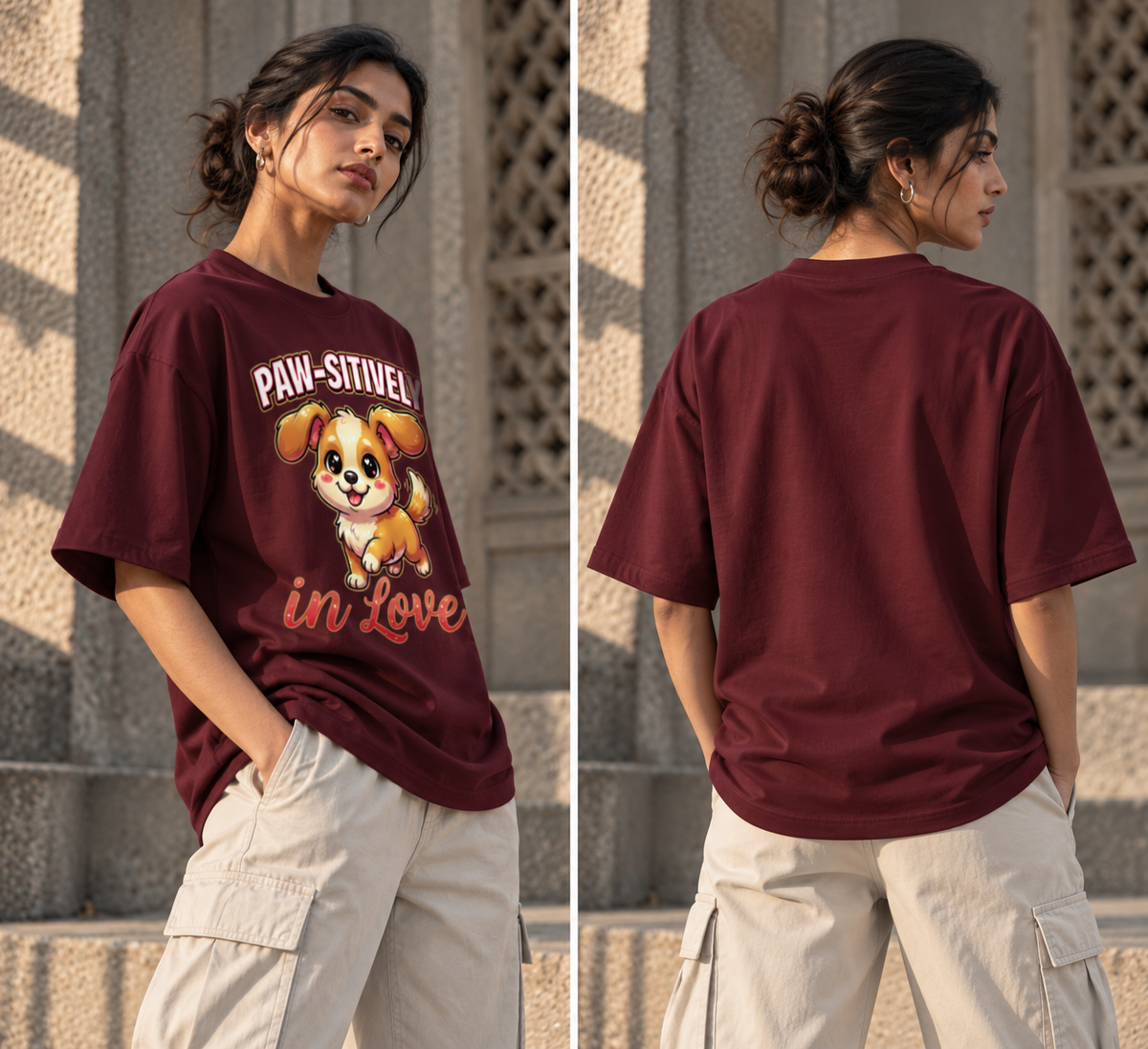 RAJIRU Paw-Sitively in Love maroon oversized T-shirt back view