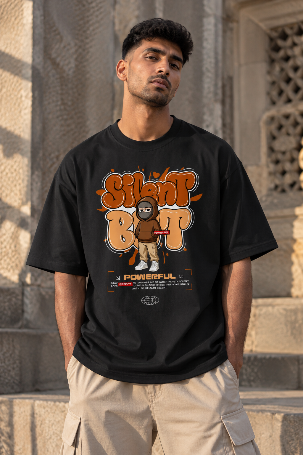 RAJIRU Stay Strong Powerful black oversized graphic T-shirt