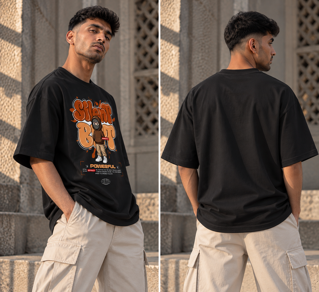 RAJIRU Stay Strong Powerful black oversized T-shirt back view