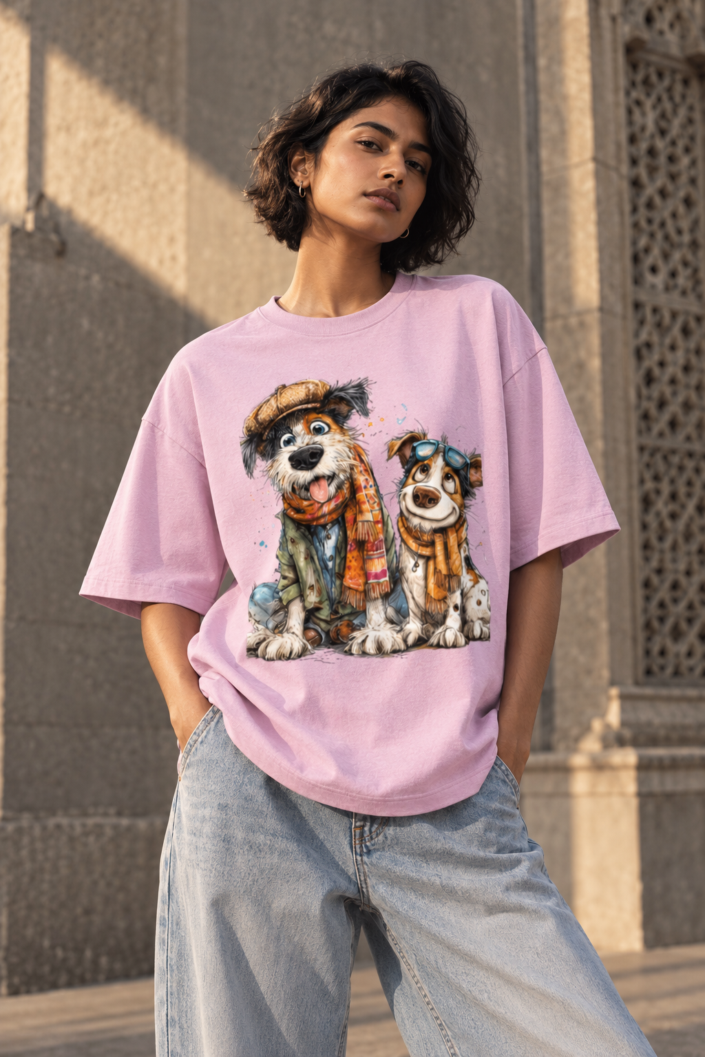 RAJIRU Winter Pals pink coral oversized graphic T-shirt