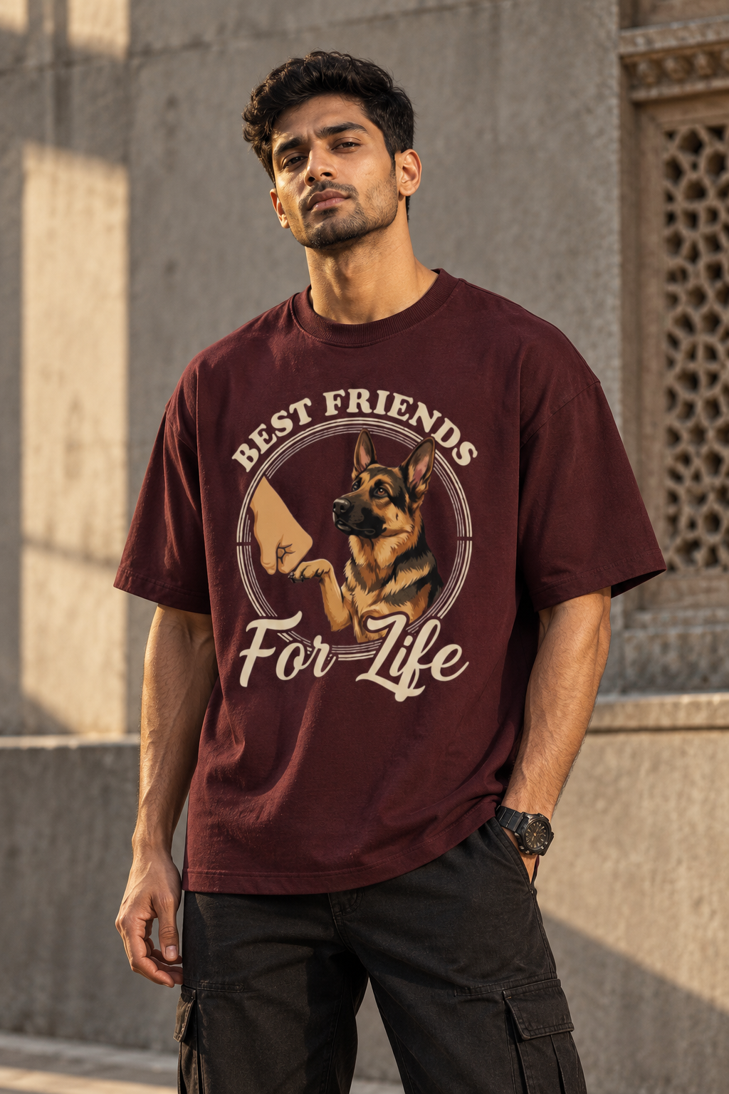 RAJIRU Classic oversized T-shirt maroon front view