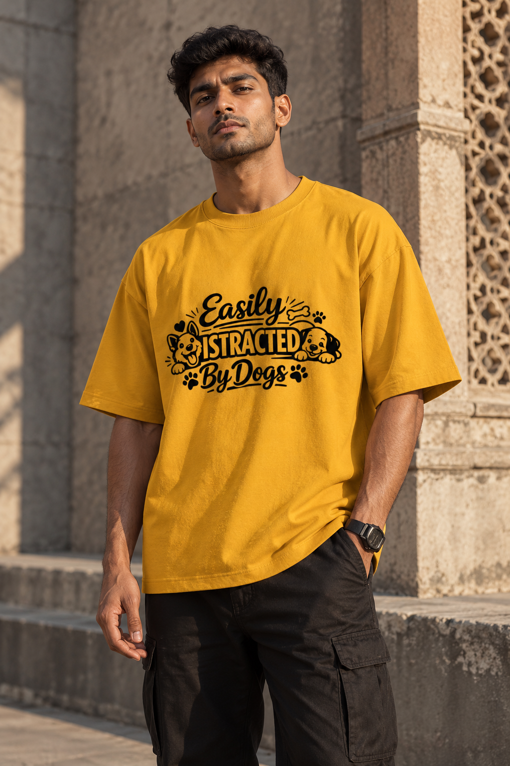 RAJIRU Easily Distracted by Dogs mustard oversized graphic T-shirt