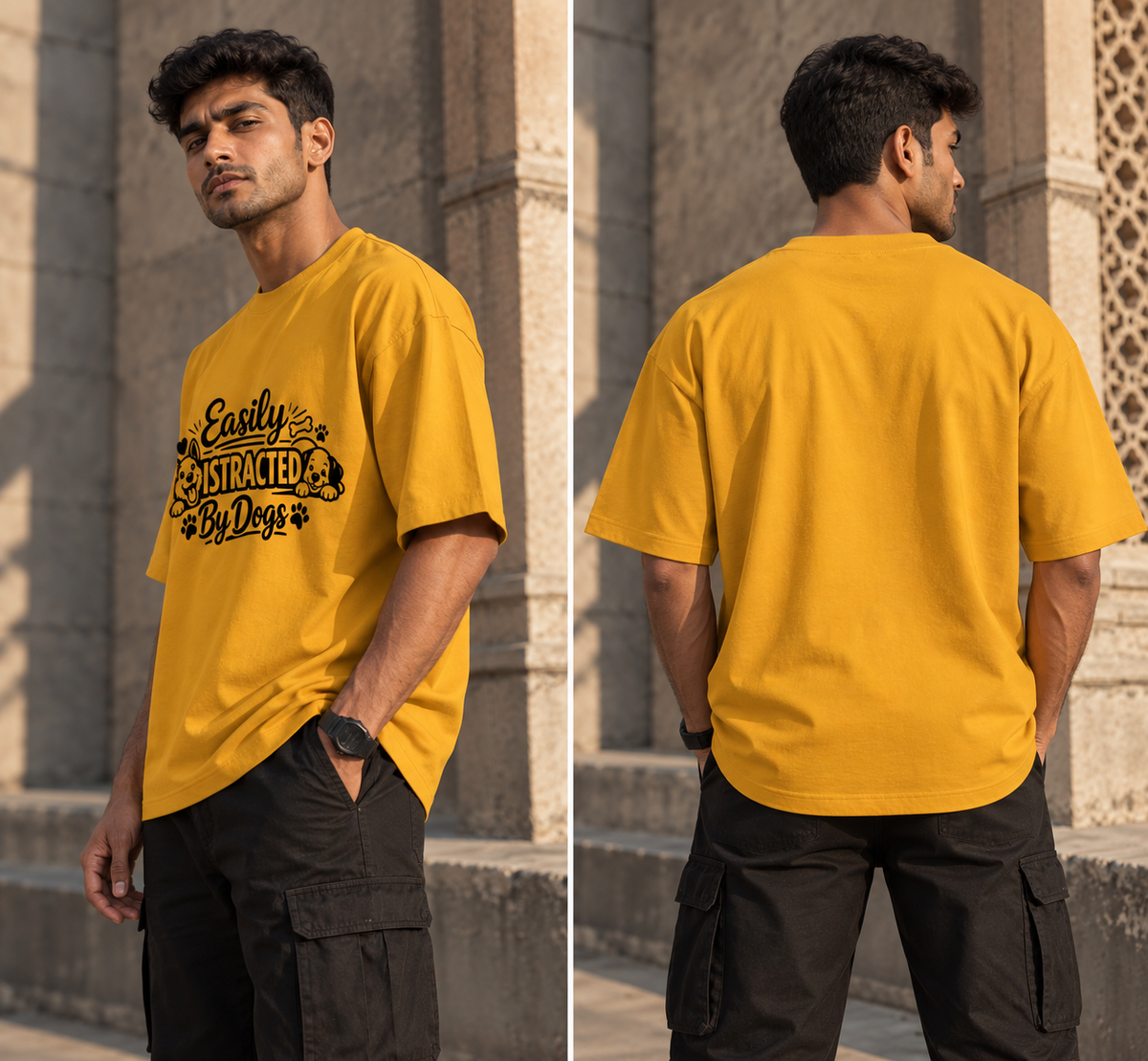 RAJIRU Easily Distracted by Dogs mustard oversized T-shirt back view