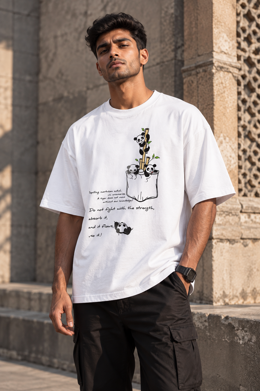 RAJIRU Panda Flow white oversized T-shirt front view