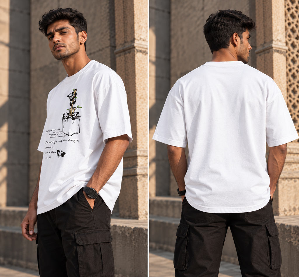 RAJIRU Panda Flow white oversized T-shirt detail view