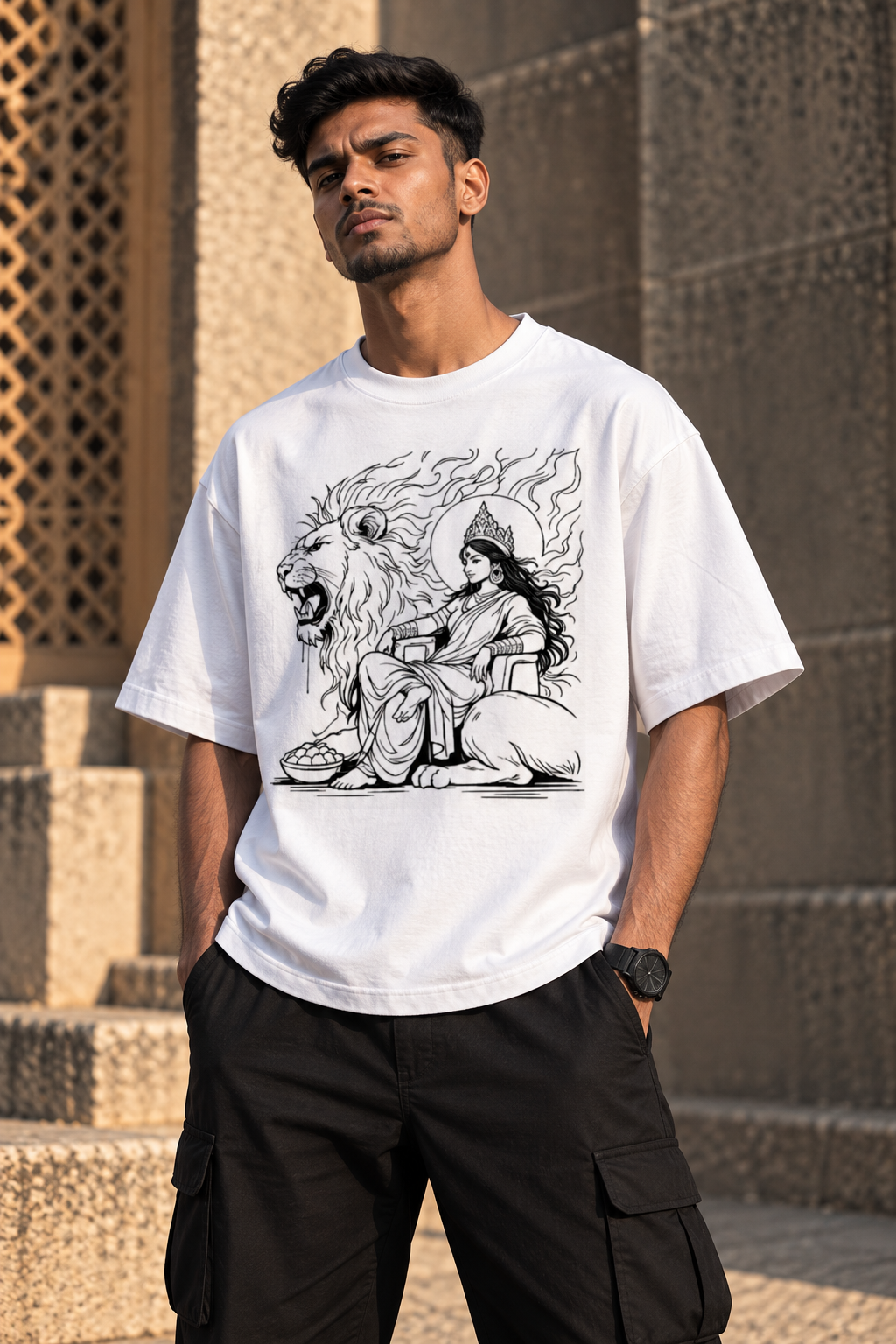 RAJIRU Shakti and Simha mustard oversized graphic T-shirt detail