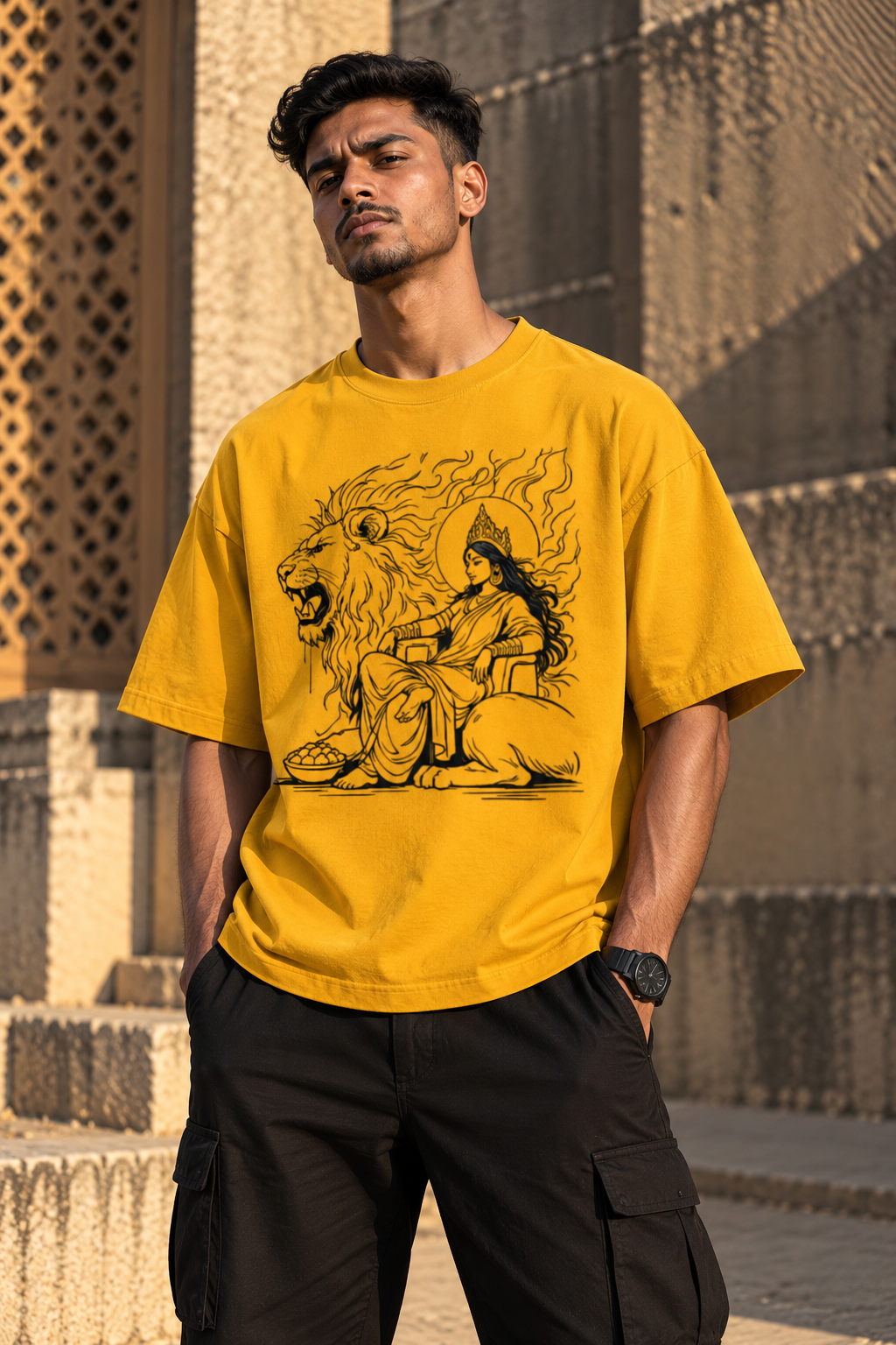 RAJIRU Shakti and Simha mustard oversized graphic T-shirt