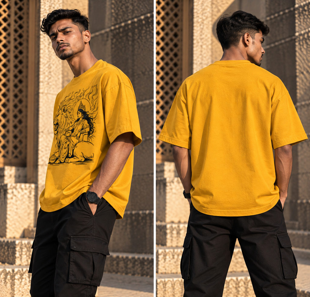 RAJIRU Shakti and Simha mustard oversized T-shirt back view