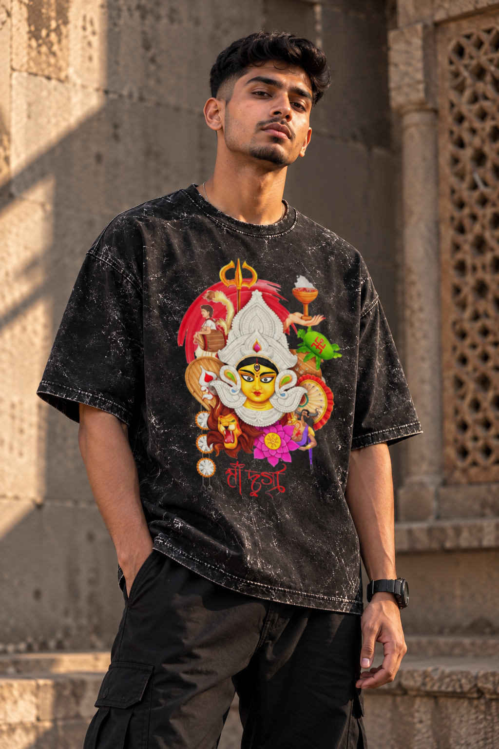 RAJIRU Maa Durga Divine oversized acid-wash graphic T-shirt