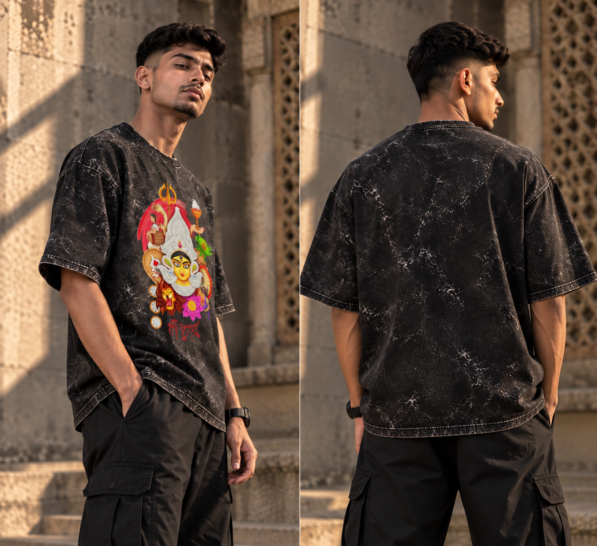 RAJIRU Maa Durga Divine oversized acid-wash T-shirt back view