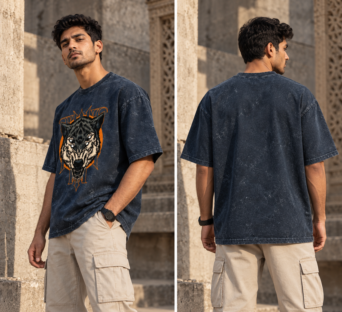RAJIRU Wolf Fang washed oversized T-shirt back view