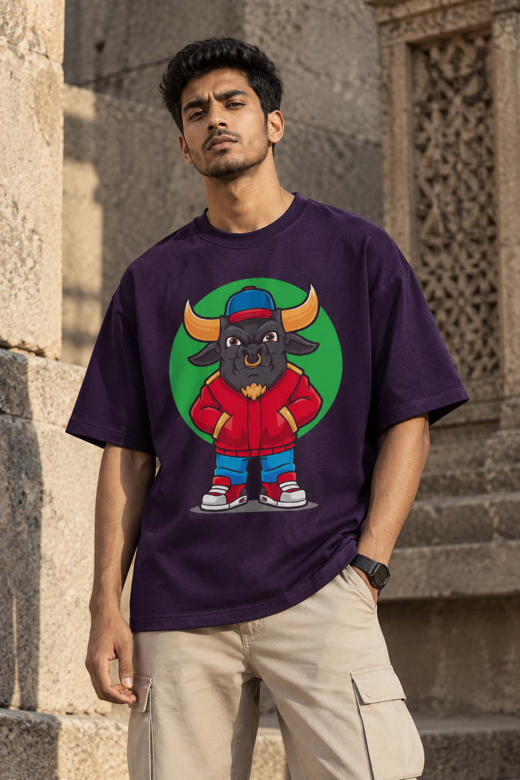 RAJIRU Bull Rush purple oversized graphic T-shirt with bull design