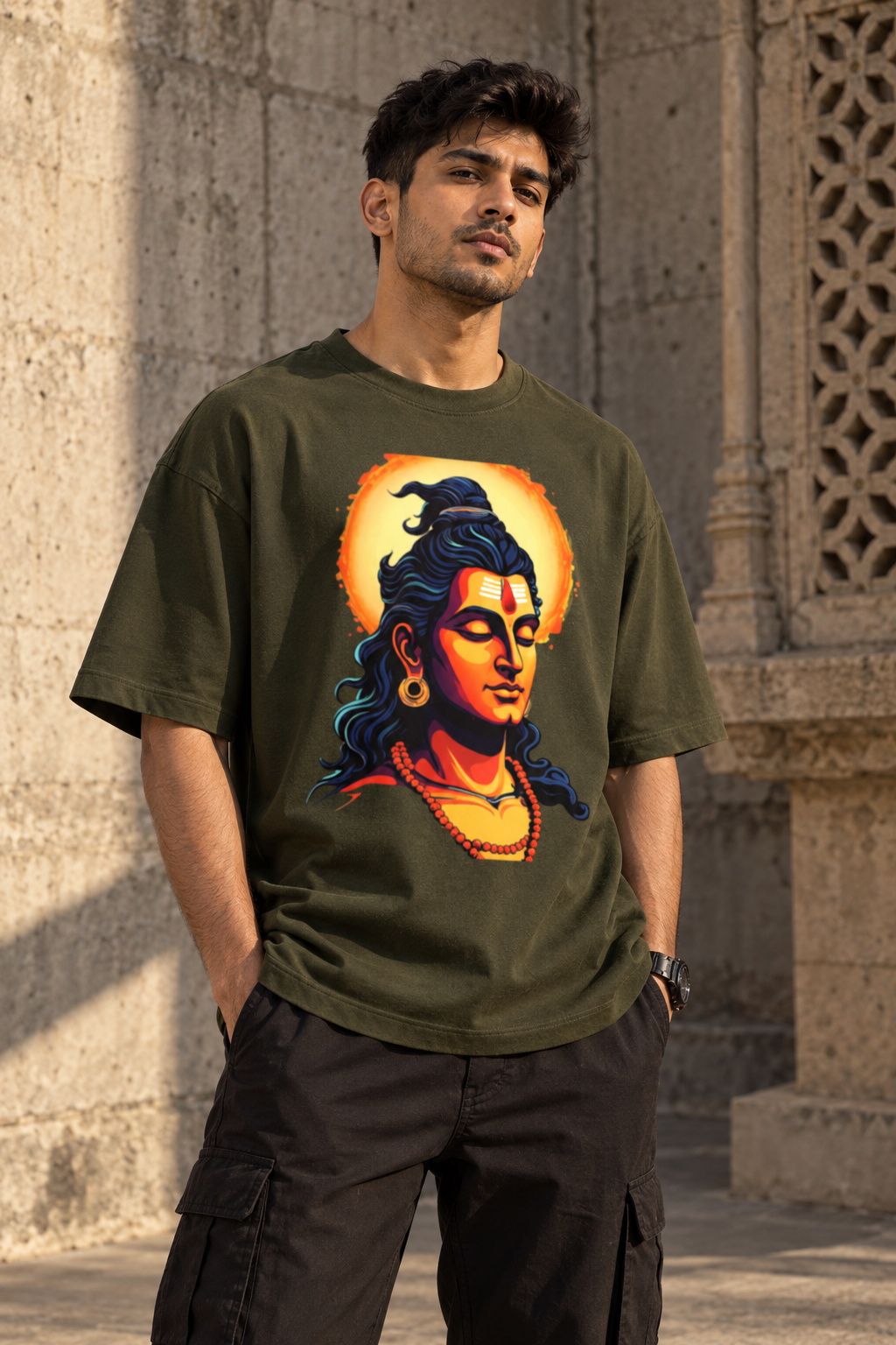 RAJIRU Mahadev Aura olive green oversized graphic T-shirt