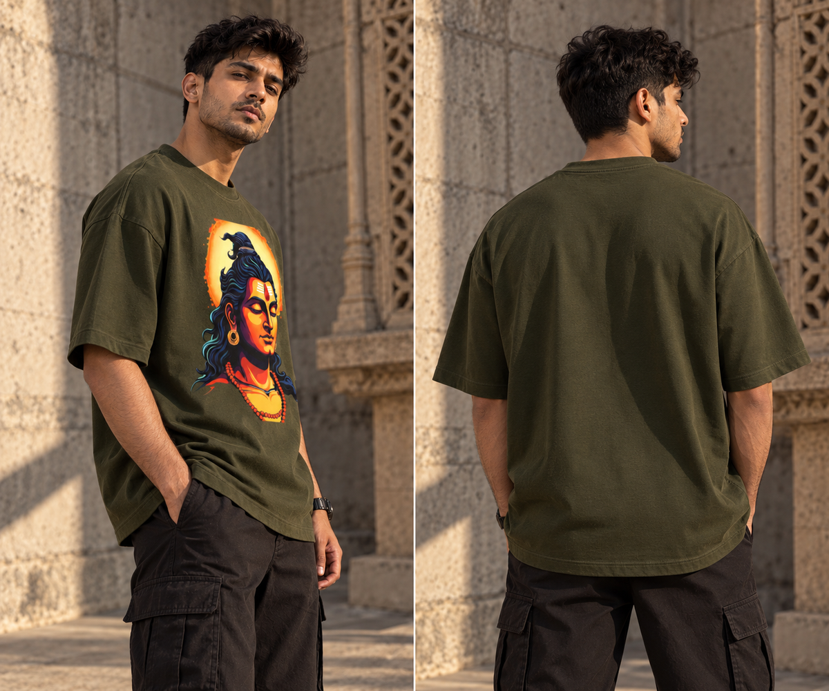 RAJIRU Mahadev Aura olive green oversized T-shirt back view