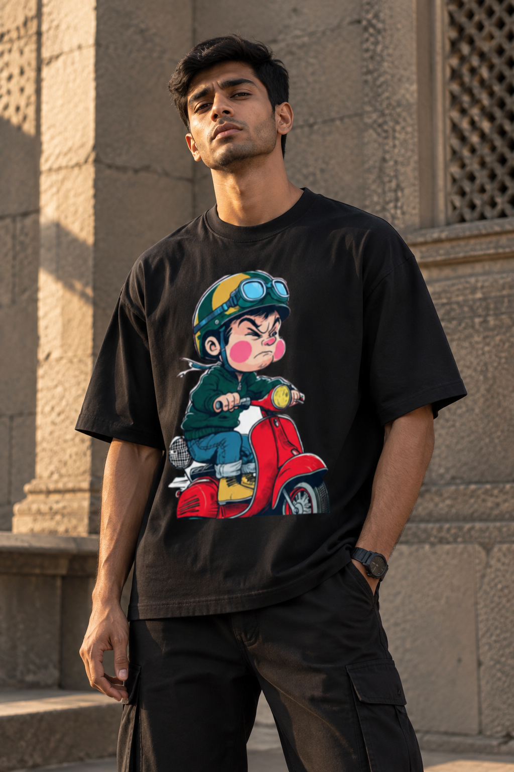 RAJIRU Retro Scooter Rider oversized graphic T-shirt