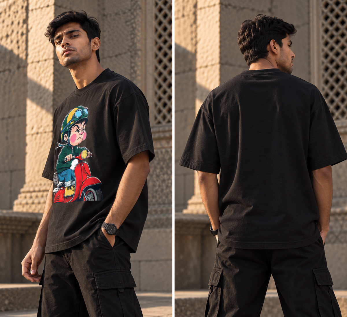 RAJIRU Retro Scooter Rider oversized T-shirt back view